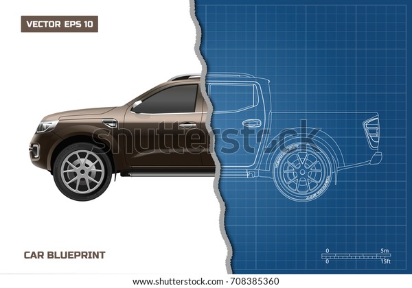 Drawing of the car\
on a blue background. Side view of pickup. Industrial blueprint of\
SUV. Vector\
illustration