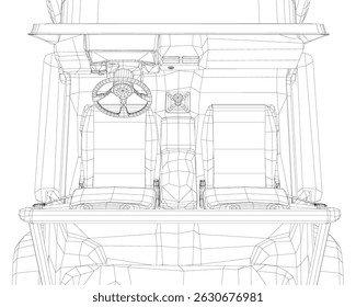 A drawing of a car with a steering wheel and two seats. The car is a white color and the drawing is in black and white. Top view