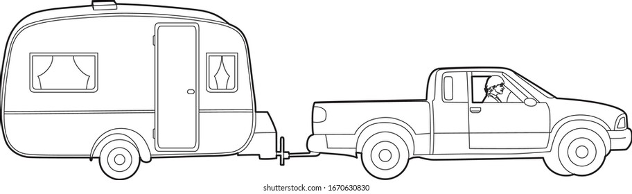 Drawing of a car towing a caravan, EPS 10 file