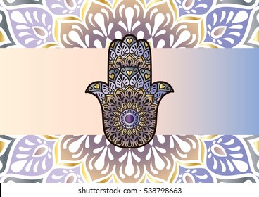 Drawing of card with firured hamsa and mandala on the background
