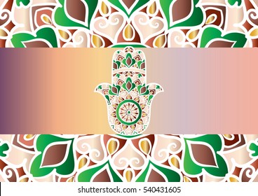 Drawing of card with firured hamsa and mandala on the background