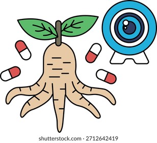 Un dibujo de una zanahoria con una botella de píldoras y una cámara. La zanahoria está rodeada de píldoras y la cámara está en el fondo. La escena es de salud y bienestar, como la zanahoria