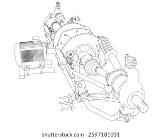 A drawing of a car's suspension system. The drawing is in black and white and is very detailed