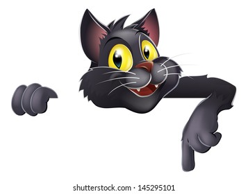 Drawing of a cartoon black Halloween cat leaning over a sign or banner and pointing down