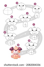 Drawing cartoon character domestic dog, step by step tutorial.