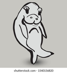 Drawing of cartoon character Manatee on gray background. Hand drawn Style 