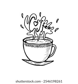 Drawing a cartoon of a coffee cup with steam rising and the word "Coffee".
