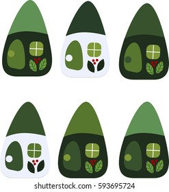 drawing of a cartoon cute toy fairy house -  six houses in a green color scheme