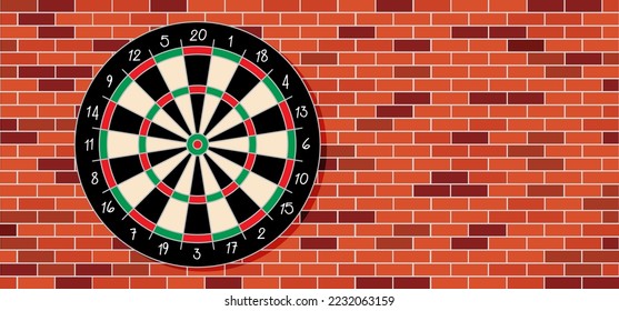 Drawing cartoon dart board on brick wall. Dartboard icon. Game board and darts. Target competition sign. Sports equipment and arrows. Throw single, double, triple or bullseye. dart board scoring