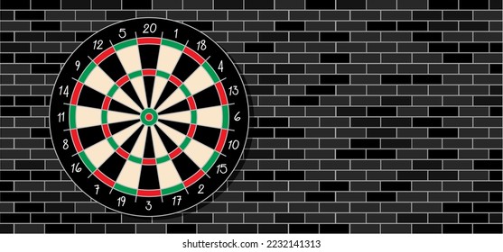 Drawing cartoon dart board on brick wall. Dartboard icon. Game board and darts. goal target competition sign. Sports equipment and arrows. Throw single, double, triple or bullseye. dart board scoring