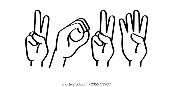 Drawing cartoon deaf sign language, 2024. Deafness cartoon. Gestures hand. Flat vector. For best wishes card or banner, happy new year 2023. Christmas, xmas  time.