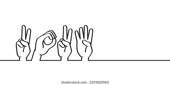 Drawing cartoon deaf sign language, 2024. Deafness cartoon. Gestures hand. Flat vector. For best wishes card or banner, happy new year 2023. Christmas, xmas  time.