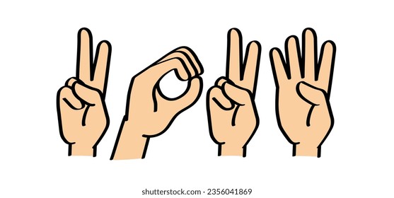 Drawing cartoon deaf sign language, 2024. Deafness cartoon. Gestures hand. Flat vector. For best wishes card or banner, happy new year 2023. Christmas, xmas  time.