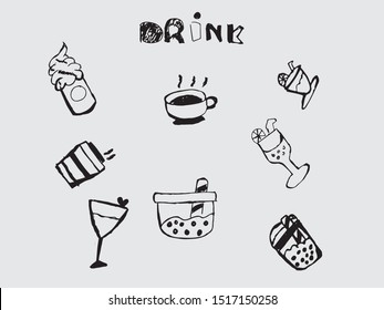 Drawing of cartoon drink set on white background. Hand drawn Style