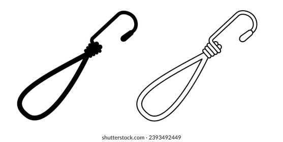 Drawing cartoon, elastic with hook. Cord with Hooks. Bungee spider sign. Rope icon. For Braided elastic strap with hooks. Elastic band. Bungee cords. Rubber strap with steel hooks. For car or bike.