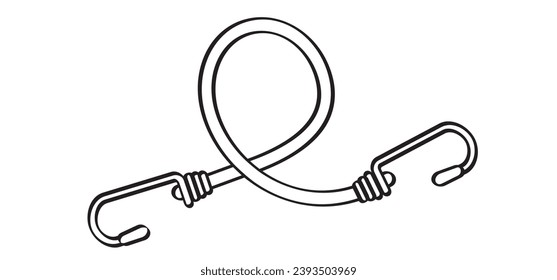 Drawing cartoon, elastic with hook. Cord with Hooks. Bungee spider sign. Rope icon. For Braided elastic strap with hooks. Elastic band. Bungee cords. Rubber strap with steel hooks. luggage rack.