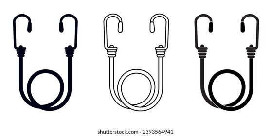 Drawing cartoon, elastic with hook. Cord with Hooks. Bungee spider sign. Rope icon. For Braided elastic strap with hooks. Elastic band. Bungee cords. Rubber strap with steel hooks. For car or bike.