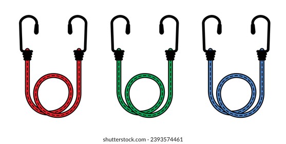 Zeichnen Cartoon, elastisch mit Haken. Seid mit Haken dran. Bungee Spinnenzeichen. Seien Sie ein Symbol. Für geflochtenen Gummiriemen mit Haken. Elastisches Band. Bungee-Kabel. Gummiband mit Stahlhaken. Gepäckablage.