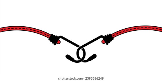 Drawing cartoon, elastic with hook. Cord with Hooks. Bungee spider sign. Rope icon. For Braided elastic strap with hooks. Elastic band. Bungee cords. Rubber strap with steel hooks. For car or bike.