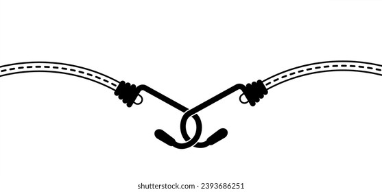 Drawing cartoon, elastic with hook. Cord with Hooks. Bungee spider sign. Rope icon. For Braided elastic strap with hooks. Elastic band. Bungee cords. Rubber strap with steel hooks. For car or bike.