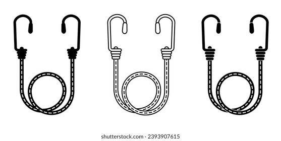 Dibujar dibujos animados, elásticos con gancho. Cord con ganchos. Señal de araña de Bungee. Icono de pista. Para una correa elástica trenzada con ganchos. Banda elástica. Cuerpos de Bungee. Correa de goma con ganchos de acero. Para coche o bicicleta.