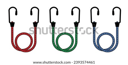 Drawing cartoon, elastic with hook. Cord with Hooks. Bungee spider sign. Rope icon. For Braided elastic strap with hooks. Elastic band. Bungee cords. Rubber strap with steel hooks. For car or bike. Stockfoto © 