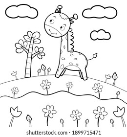 Drawing cartoon giraffe with tree and flower in doodle style.vector illustrations.