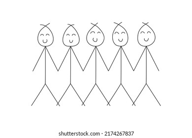 ็Hand drawing cartoon of a group of friend holding each other's hand, smiling with happy faces and joyful time together. Love, care and teamwork concept. 