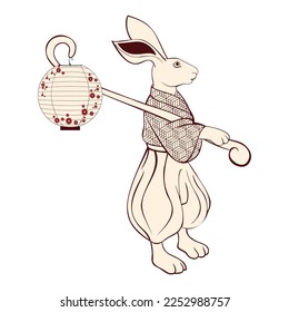 Drawing cartoon hare, rabbit, symbol of Chinese new year or lunar hare, with staff and traditional paper lantern