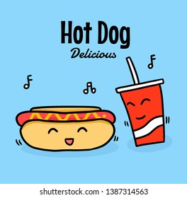 Drawing cartoon hot dog and soda water doodle style.Vector illustration.American food style.