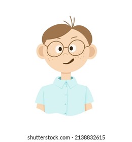Drawing of a cartoon man in glasses with emotions on his face. Doodle style