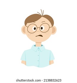 Drawing of a cartoon man in glasses with emotions on his face. Doodle style