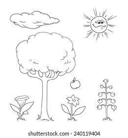 Drawing of cartoon objects, outlined - flowers, tree and sun
