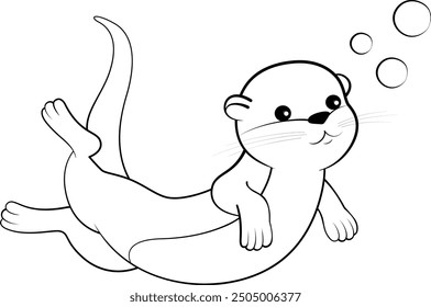 Drawing of a cartoon otter swimming. Line drawing.