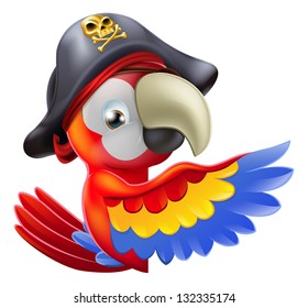 A drawing of a cartoon parrot pirate character leaning round a sign or banner and pointing with his or her wing