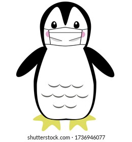 Drawing cartoon penguin wearing germ-resistant mask. Vector Illustration.