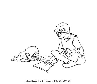 drawing cartoon people character design. isolated vector illustration outline hand drawn doodle line art cartoon design character. farther and son are reading the book