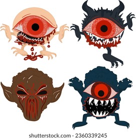 Dibujo de un monstruo aterrador conjunto.ilustración vectorial.