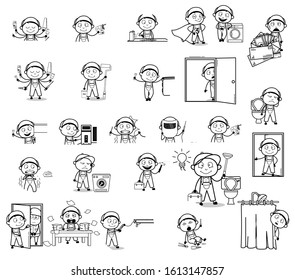 Drawing of Cartoon Serviceman Character - Set of Concepts Vector illustrations