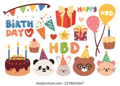 drawing cartoon set of birthday element sticker set