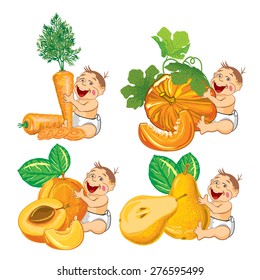 drawing cartoon smiling baby with a pumpkin, apricot, carrot and pear and slices