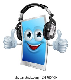 A drawing of a cartoon smiling headphones phone man