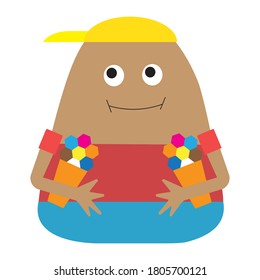 Сhildren's drawing. Cartoon sticker funny potato man in a yellow cap and a red and blue suit goes and carries an ice cream under his arm. Vector illustration isolated on a white background