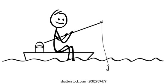 Drawing cartoon stickman on boat, i love fishing. Stick figure and fishing in the water. Fish icon or pictogram. Favorite hobby sport for people. National go fishing day