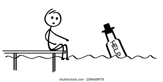 Drawing cartoon stickman received, help mail. Helping, alarm Bottle in water. Stick figure fishing a letter in the water. sos, help icon or pictogram. Helpline symbol.  Drowning. Paper, message mail