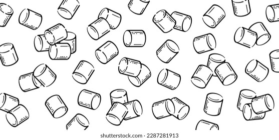 Drawing cartoon sugar marshmallow, line pattern. Sweet marshmallow for bbq, cooking icon or symbol. Delicious, tasty white marshmallows. Eating roasted candies sweets.