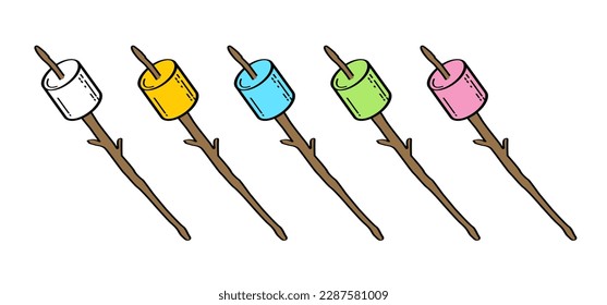 Drawing cartoon sugar marshmallow on wooden stick. Sweet marshmallow for bbq, cooking icon or symbol. Delicious, tasty white marshmallows. Eating roasted candies sweets.