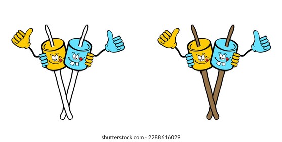 Drawing cartoon sugar marshmallow on wooden stick. Sweet marshmallow for bbq, cooking icon or symbol. Delicious, tasty white marshmallows. Eating roasted candies sweets.
