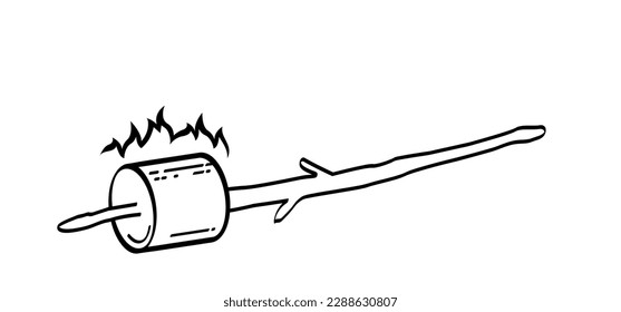 Drawing cartoon sugar marshmallow on wooden stick. Sweet marshmallow for bbq, cooking icon or symbol. Delicious, tasty white marshmallows. Eating roasted candies sweets.