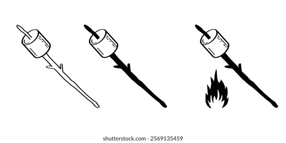 Drawing cartoon sugar marshmallow on wooden stick and fire. Sweet marshmallow for bbq, cooking icon or symbol. Delicious, tasty white marshmallows. Eating roasted candies sweets.